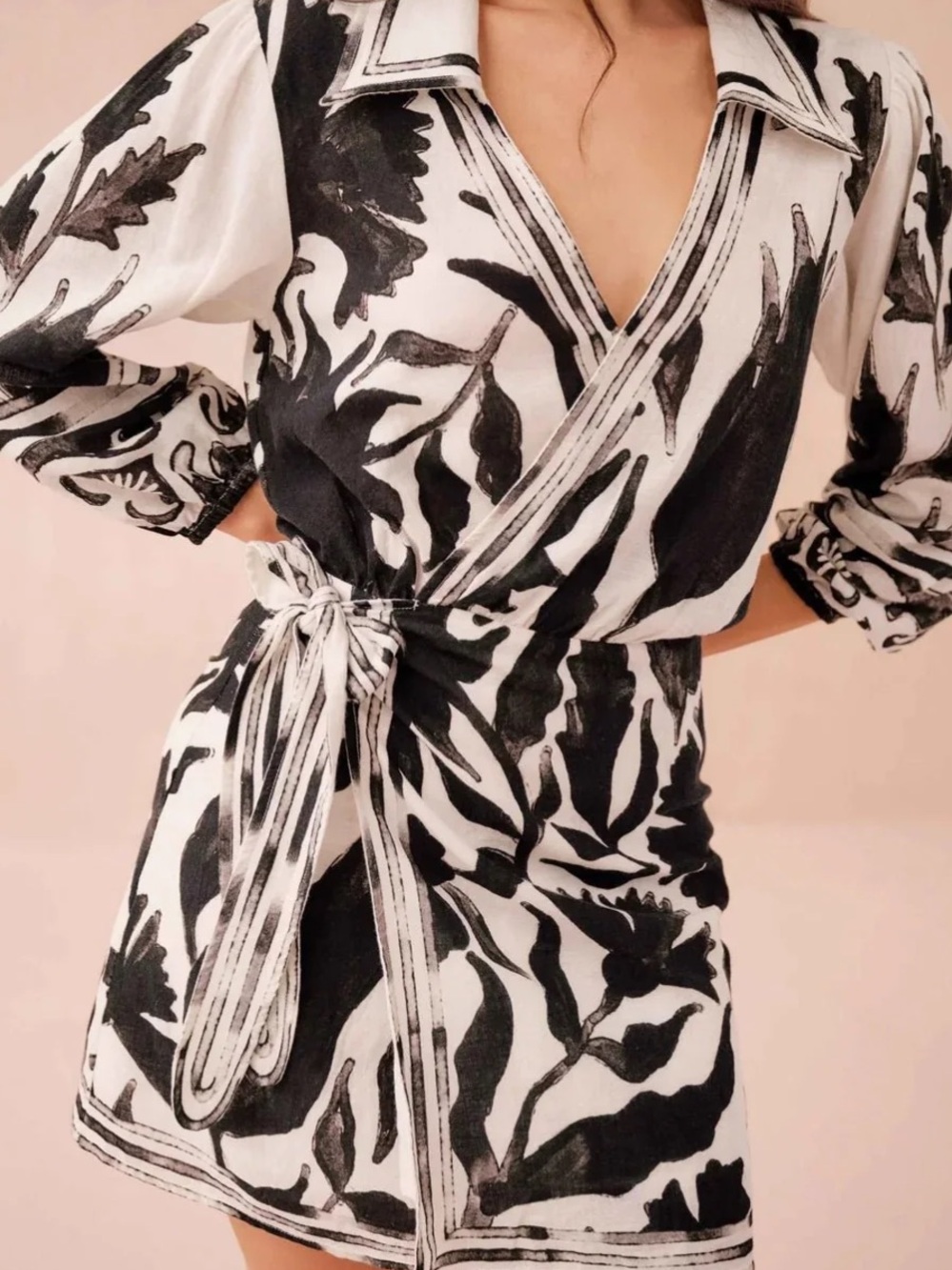 OMIKA Black & White Wrap Dress with Tie Waist